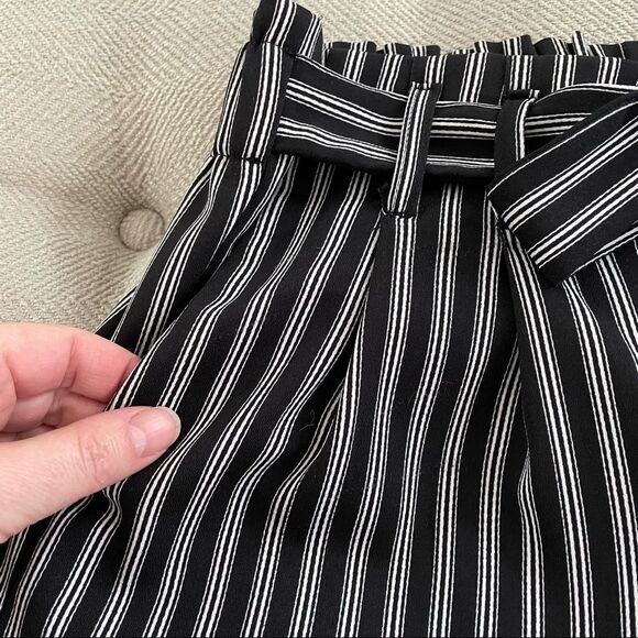 Popsugar Black White Stripe High Paperbag Waist Wide Leg Tie Waist Crop Pants S - Picture 5 of 8